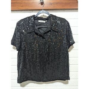 Harrison Morgan Manhattan Women's Black Silk Sequin Embellished Short Sleeve Top